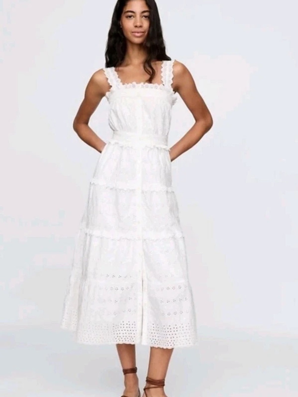 White Eyelet Tiered Midi Dress with Scalloped Straps